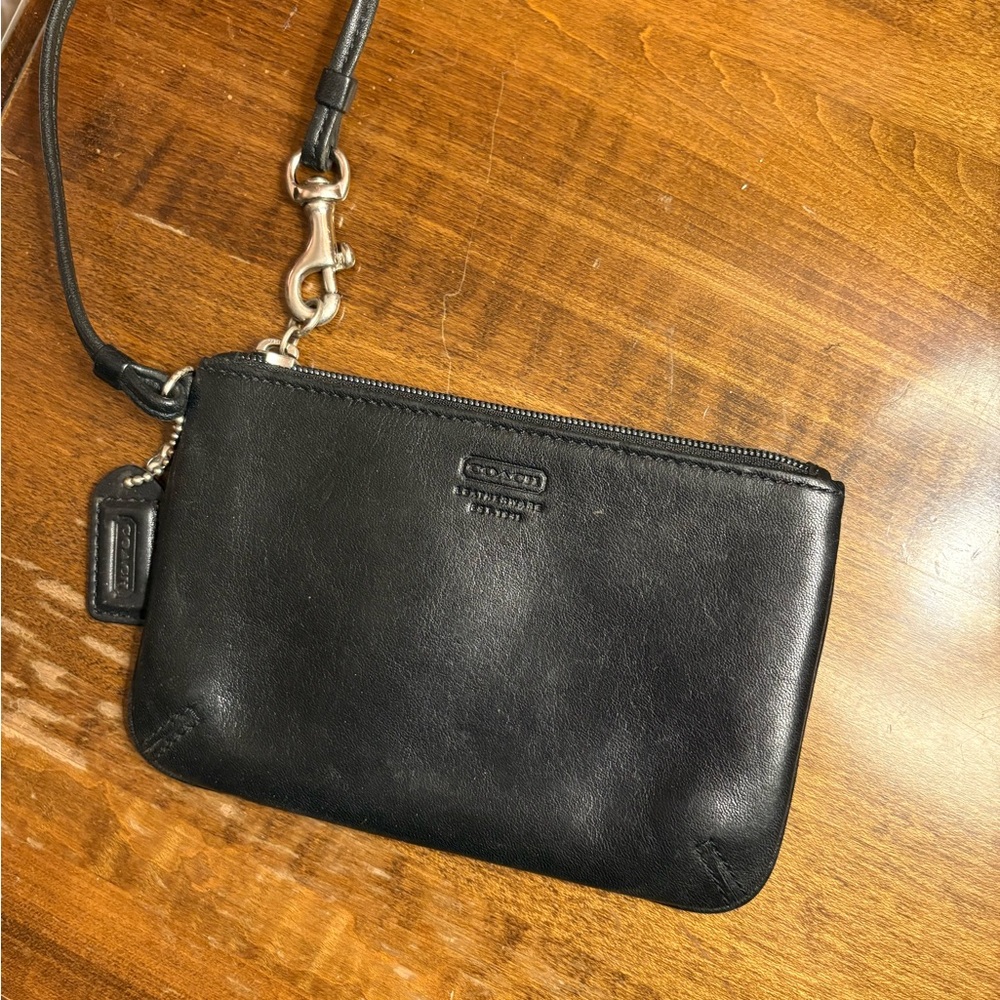 Coach Black Leather Top Zip Wristlet with Silver Hardware